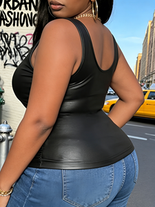 Big size hot girl style <b>black</b> soft leather U-neck pleated sleeveless <b>top</b> - Urban streetwear <b>top</b> in stock USA warehouse - Product Image 4