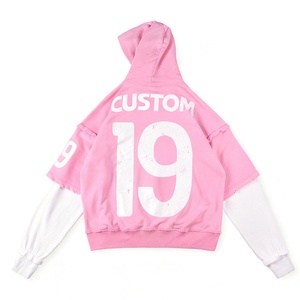 Sweat à capuche zippé décontracté Y2K unisexe en molleton épais rose surdimensionné à manches courtes avec design superposé style streetwear - Product Image 4