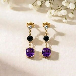 Purple Amethyst Cushion Cut <b>Earrings</b> with Black Obsidian Gemstone Drop Elegant <b>Dangle</b> <b>Earrings</b> in 925 Sterling <b>Silver</b> Handmade - Product Image 2
