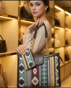 Sac à main structuré pour femme, motif géométrique vintage haut de gamme, fermeture à rabat, tissu jacquard, cuir PU - Product Image 2