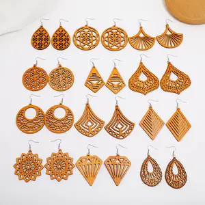 Fashion Hot Selling Wooden Earrings Geometric Exaggeration Personality Hollowed Out Coffee Color Wood Earrings