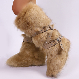 Bottes d'hiver chaudes et fourrées pour femme, grande taille 44, à semelle épaisse, avec lanières croisées, fourrure, hauteur genou, bout rond - Product Image 1