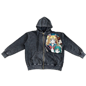 Nouveau style 2026 : Sweat à capuche zippé avec patchs de personnages d'anime, noir délavé, style rétro <span class=keywords><strong>manga</strong></span>, avec patchs <span class=keywords><strong>tapisserie</strong></span> - Product Image 4