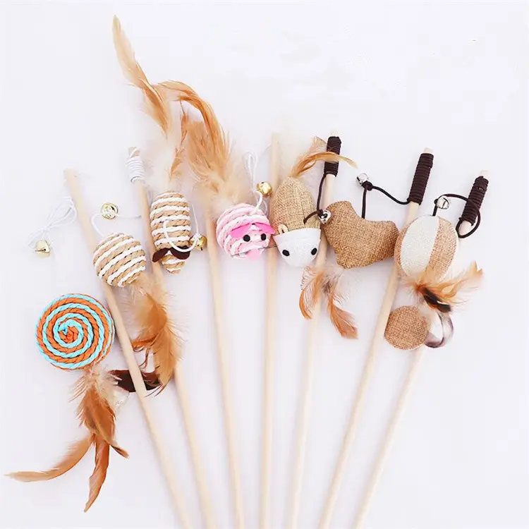 Funny Wooden Pet Cat Toys Interactive Cat Fishing Teasers Play Wand Feather Cat Toy
