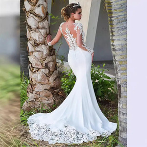Wedding Dress Mermaid Lace Long Sleeve Illusion Back White Bridal Gown - Product Image 3