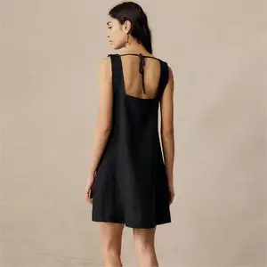 OEM Fashionable Simple Short Black Linen Clothing Cotton Mini Dress Square Neck Sleeveless Summer Women Luxury 2022 High Quality