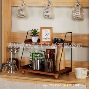 Support de rangement de bureau rétro en bois, porte-tasses double couche, organisateur de condiments pour comptoir de cuisine domestique. - Product Image 3