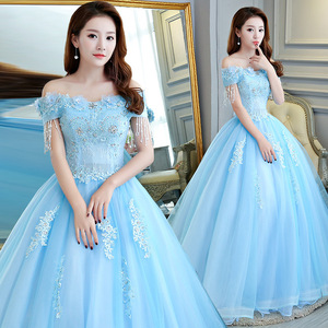 Off Shoulder Tulle Long Dress Women Stage Performance Wedding Style Tutu Skirt Adult Female Polyester Fiber - Product Image 2