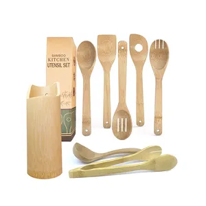 China Hot Seller Non-stick Bamboo Flatware Set Spatula Tongs Soup Spoon Kitchen Utensils Set With Bamboo Holder