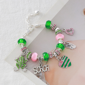 Factory Directly Sale Fancy Designer Sorority Alpha Inspired <strong>Charms</strong> Pink and Green Beads Making Fashion IVY Sorority <strong>Bracelet</strong>