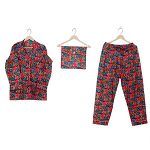 Women's 3-Piece Floral Pajama Set Long Sleeve 100%Cotton Sleepwear Red Blue Print Casual Loungewear Full Length Drawstring Pants - Product Image 1