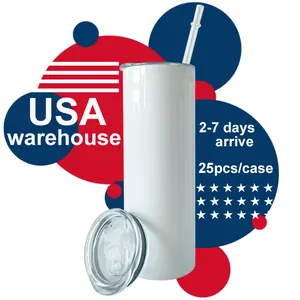 미국 창고 무료 배송 흰색 승화 블랭크 20Oz 30oz 스테인레스 스틸 이중 벽 스키니 직선 뚜껑이있는 텀블러