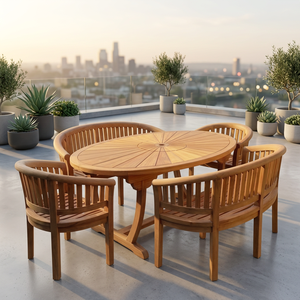 Juego de Comedor de Madera de Teca Natural con Mesa Ovalada Sunburst, Bancos y Sillas - Product Image 2