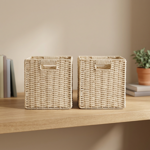 <b>Square</b> Woven Rattan Storage <b>Baskets</b> Set of 2 Minimalist Design for Living Room Toy Organizer Handmade Crafted - Product Image 2