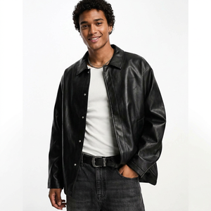 <b>Mens</b> Black Leather Shirt Jacket Casual Turn Down Collar Button Up PU Outerwear Fashion <b>Long</b> Sleeve <b>Coat</b> Streetwear <b>Men</b> - Product Image 1