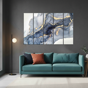 Modern Abstract <b>Blue</b> and Gold Fluid Ink Printed <b>Canvas</b> Artwork,SET OF 5 <b>CANVAS</b> - Product Image 3