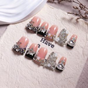 Faux ongles de luxe faits main, style bec de canard, noir, French Star, entièrement ornés de strass, pour fêtes, banquets, manucure, vente en gros - Product Image 1