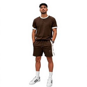 Men's Black T-Shirt And <b>Jogger</b> Set Crew Neck Short Sleeve Solid Color Casual Summer Outfit With <b>White</b> Trim And Drawstring Waist - Product Image 1