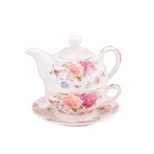 थोक फूल शैली चाय के बर्तन और कप एक व्यक्ति के लिए कस्टम डिजाइन सिरेमिक सफेद चीनी मिट्टी के बरतन चाय के बर्तन कप सेट