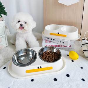 Gamelle double en acier inoxydable avec base en plastique antidérapante pour chien et chat, protection du cou, ensemble de gamelles pour animaux de compagnie - Product Image 1