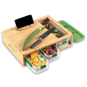 Wholesale Chopping 3 Drawer Bamboo collecting Wood Wooden Cutting Storage Organizer Board Block With Containers Trays