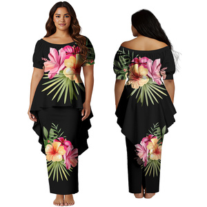 Gaun Gereja Elegan Wanita Motif Daun Monstera Custom Print, Gaun Panjang Model Swallow-Tail Hem untuk Wanita Samoa Polinesia, Set Aloha Puletasi - Product Image 4