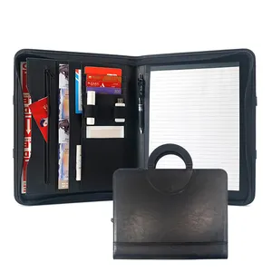 PU Leather A4 Black Zippered File Portfolio Organizer Folder Document Folder With Hidden Handle Business Portfolio