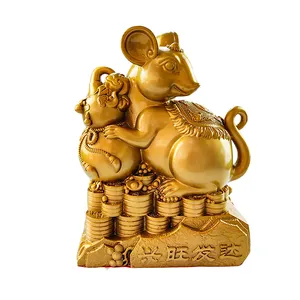 Chinese Traditional Brass Rat Art Table Top Decoration Gold Accent Pieces Home Decor Copper Gold Pig Ornaments Zodiac Animal Cra