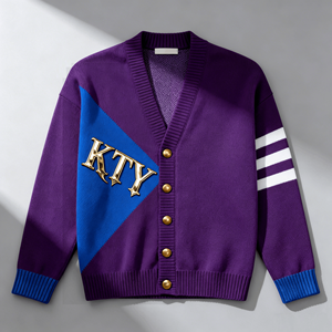 Suéter de punto para <span class=keywords><strong>hombre</strong></span> OEM, talla grande L-2XL, color <span class=keywords><strong>morado</strong></span>, con botones dorados y logo, camisa de punto con rayas blancas, cárdigan de moda. - Product Image 3