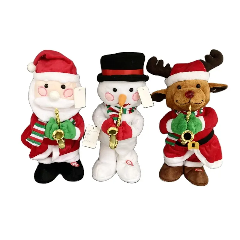 Mainan boneka Natal elektrik, mainan boneka rusa manusia salju Sinterklas menari dengan musik saksofon dan lampu, hadiah Natal cantik