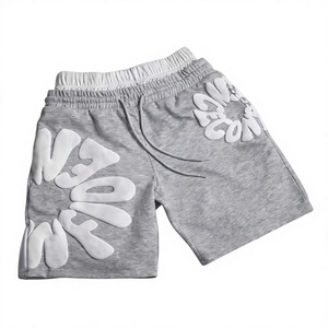Shorts Bermuda Gris pour Homme avec Applique Lettres en Silicone Blanc, Taille à Cordon, Style Décontracté, Taille Mi-Haute, Tissu Coton - Product Image 1