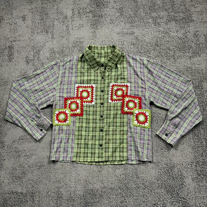 Tùy Chỉnh Người Đàn Ông Của Retro Vuông Flannel T-Shirt Quá Khổ Thả Vai Dài Tay Áo Rhinestone Sọc Quan Thoại Giản Dị Bông Tẩy - Product Image 4