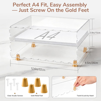 Organisateur de bureau en acrylique transparent à 3 niveaux avec bord festonné et pieds dorés, support de plateau pour papiers A4, livres, notes, rangement de bureau à domicile