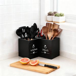 Organisateur d'ustensiles de cuisine en bois noir, boîte de rangement d'angle compartimentée, porte-couverts multifonctionnel - Product Image 1