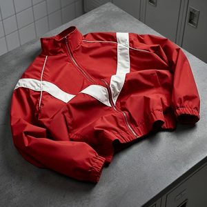 Veste de sport rouge pour homme, style racer, avec rayures blanches, fermeture éclair sur le devant, col montant, coupe-vent, 100% nylon, vêtement d'hiver, à capuche, respirante - Product Image 2