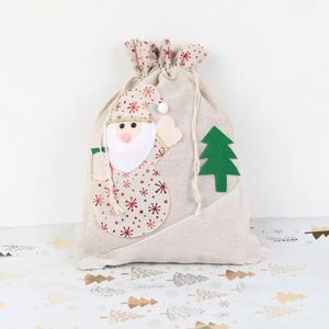 Nouveau sac cadeau de Noël transfrontalier avec patchs, grand sac cadeau Père Noël en coton et lin avec cordon de serrage 30*40 - Product Image 5