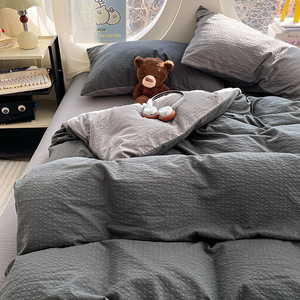 Parure de lit 4 pièces moderne en mousseline <span class=keywords><strong>double</strong></span> <span class=keywords><strong>gaze</strong></span>, couleur unie, épaisse, douce et moelleuse, avec housse de couette réversible et drap de lit - Product Image 2