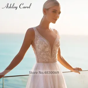 Ashley Carol A-Line <span class=keywords><strong>Vestidos</strong></span> de novia para mujer 2024 elegante escote en V profundo ilusión brillante vestido De tul <span class=keywords><strong>Vestidos</strong></span> De Novia - Product Image 3