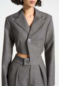 Women's Gray Wool Blend Two-Piece Suit <b>Set</b> With Notched Lapel Cropped <b>Blazer</b> And Wide Leg Pants Formal Wear Full Length - Product Image 2