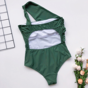 Logotipo personalizado Venta al por mayor Traje de baño verde Un hombro Traje de baño Una pieza - Product Image 4