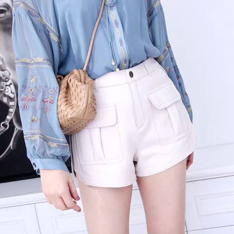 0654 New Arrival  Low Waist Real Lambskin Pants Cargo Genuine Leather Sporty Hot Shorts