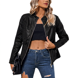 Chaqueta de moto de cuero genuino negro para mujer, manga larga, cierre de cremallera, cuello alto, estilo otoñal - Product Image 1