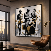 Peinture à l'huile de groupe de jazz avec accents dorés, noir, blanc et or, art pop musical, décorations murales pour les intérieurs des amateurs de musique