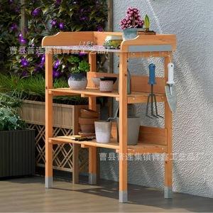 Wooden Multi Tier Shelf 3 Floors With <b>Hooks</b> For <b>Garden</b> Tools And Plants Storage Outdoor Use - Product Image 1