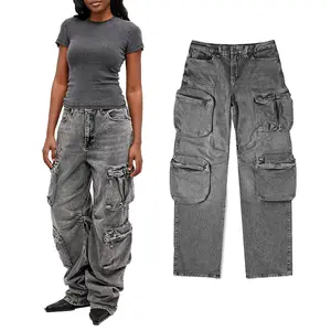 Jeans kargo Vintage Streetwear fesyen kualitas tinggi Logo kustom Denim pinggang sedang multi-saku Jeans wanita