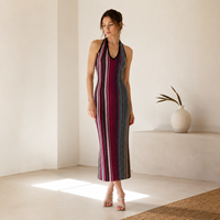 Robe maxi en tricot rayée multicolore bordeaux sur mesure pour femmes, col halter, sans manches, OEM ODM