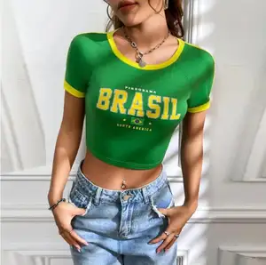 Camiseta de bebê de algodão spandex casual verão gola redonda slim fit manga raglan contraste camiseta recortada de borla para mulheres