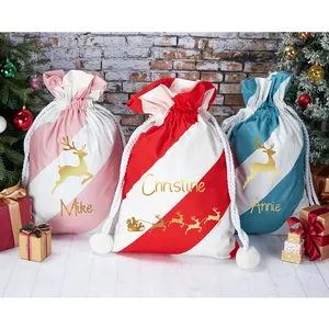 50x70cm noël père noël sac toile rayé sac de bas avec pompons blancs cadeaux de noël grande capacité sac à cordon sac à bonbons