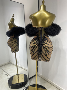 Abito da palcoscenico sensuale per gruppi femminili, nero, con top all'americana, gonna a sbuffo, in rete con strass, trasparente e traspirante, al ginocchio, per discoteca - Product Image 4