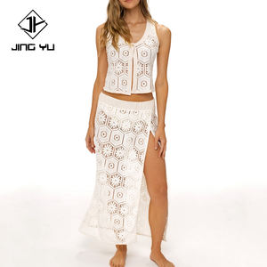 Robe boutonnée beige ajourée brodée Summer Garden, ensemble deux pièces en fibre de polyester, personnalisable OEM - Product Image 2